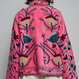 Embroidered Stand Collar & Contrast Trim Velvet Jacket
