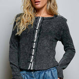 Vintage Washing Solid Metal Button Down Thermal Knit Top