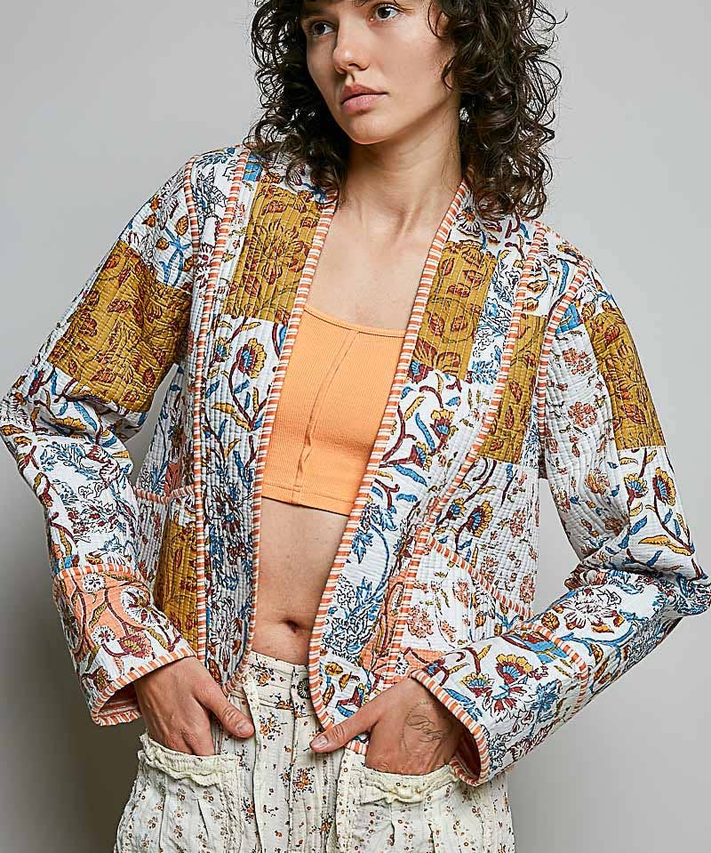 Lightweight Contrast Trim Quilted Kimono Jacket
