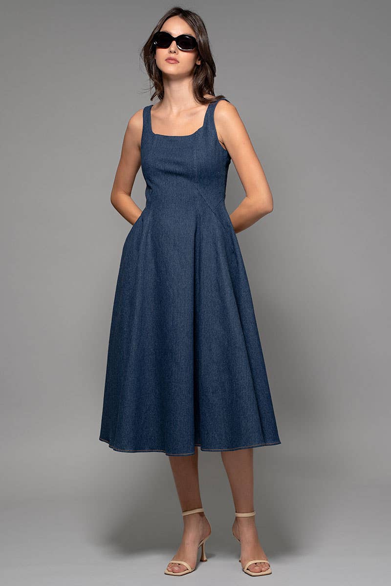Square Neck Denim A-Line Midi Dress