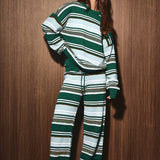 CREW NECK MULTI STRIPE SWEATER WITH WIDE LEG PANTS