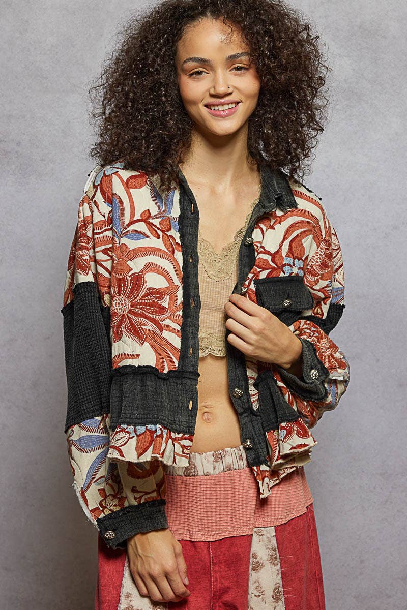 Quilted Floral Raw-Edge A-Line Jacket