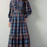 Plaid Belted Layered Button Down Balloon Sleeve Maxi Dress