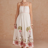 Embroidered Palm & Floral Scalloped Midi Dress