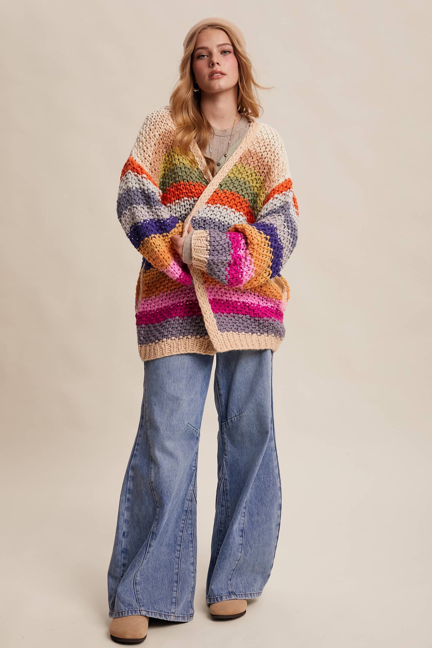 Rainbow Hand-Crochet Open Cardigan