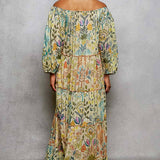 Long Sleeve Shirred Neckline Maxi Length Woven Printed Dress