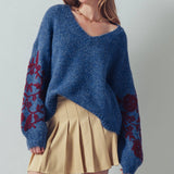 Romantic Floral Embroidered V-Neck Sweater