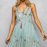 Boho Smocking Mirror Embroidery V-Neck Sleeveless Dress