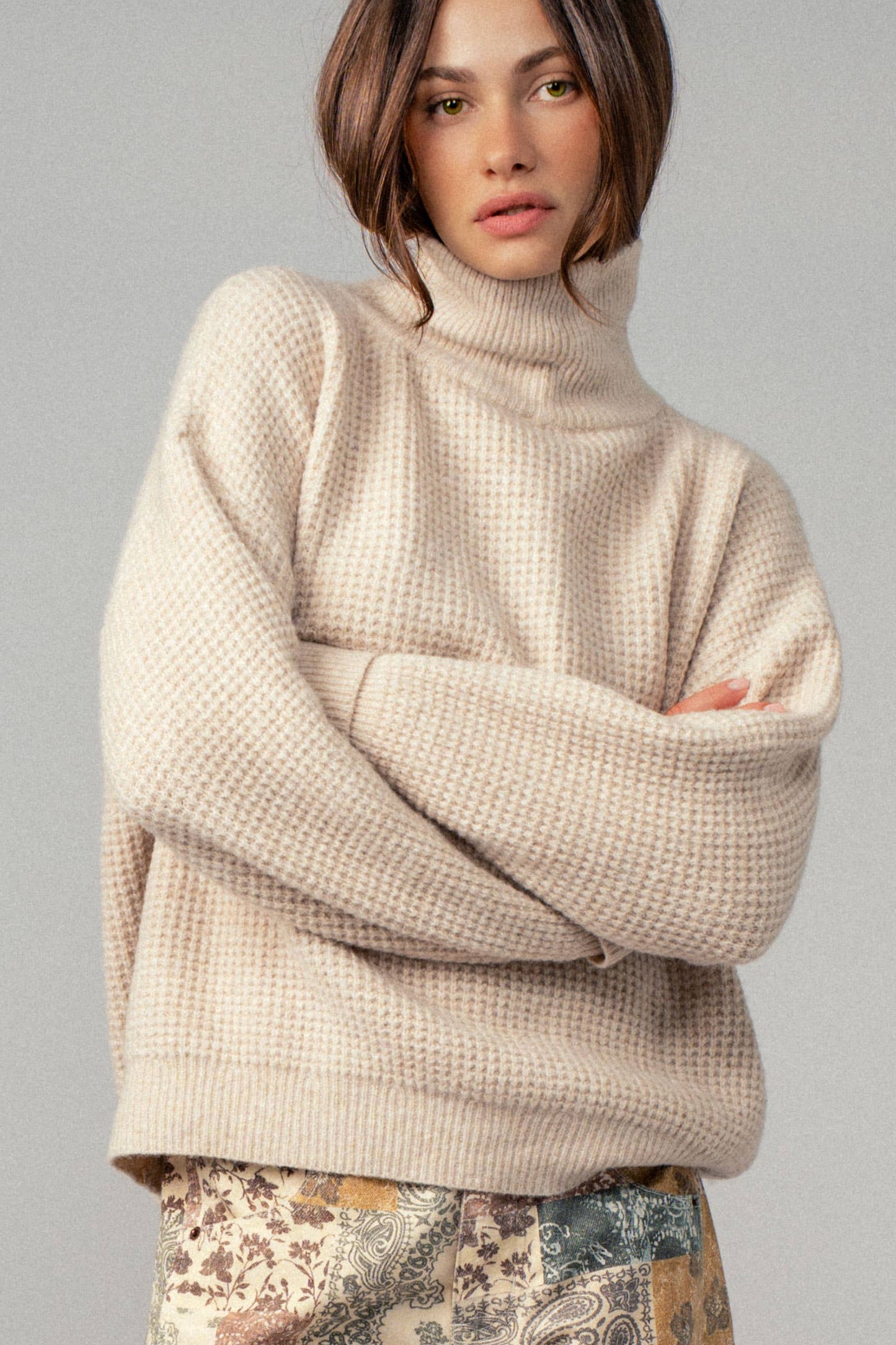 Relaxed Waffle Knit High Neck Sweater