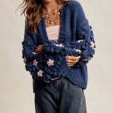 Hand Knit Floral Bobble Sleeve Cardigan LSW1097