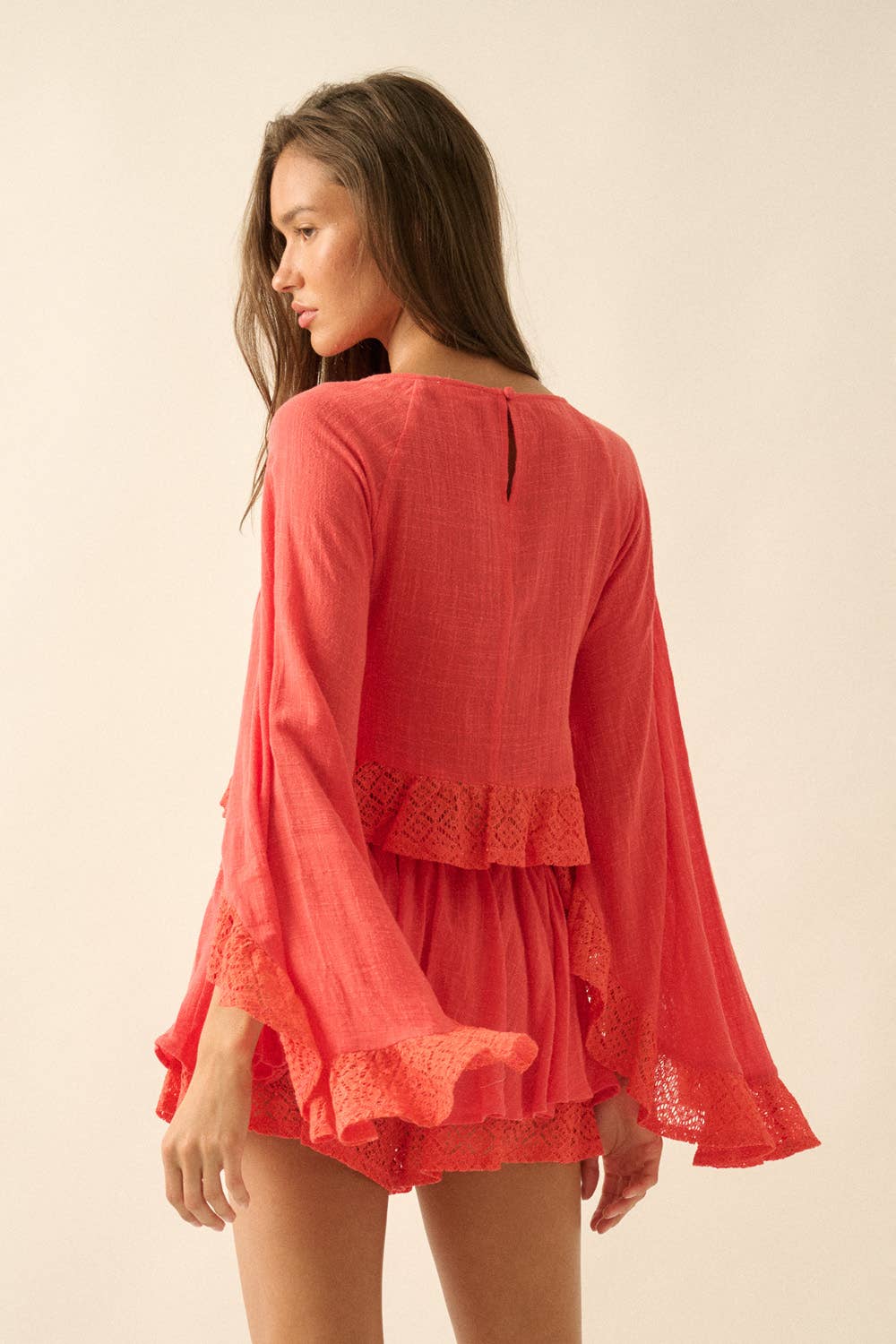 Cotton Gauze and Crochet Lace Ruffle Bell-Sleeve Cropped Top