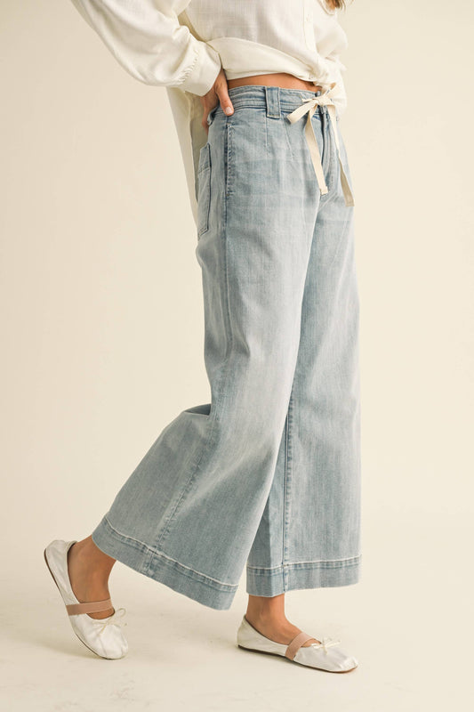 Washed Denim Pants with Tie Front