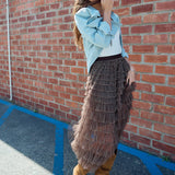 Plaid Mesh Ruffle Maxi Skirt - RS1106