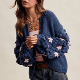 Hand Knit Floral Bobble Sleeve Cardigan LSW1097