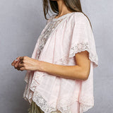 Lace Trim V Ruffle Detail Textured Woven Short Sleeve Top