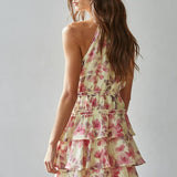 L9761 | Woven Tencel Nylon Floral Tiered Ruffle Halter Mini
