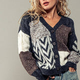 Patchwork Cable Knit V Neck Cardigan