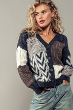 Patchwork Cable Knit V Neck Cardigan