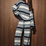 CREW NECK MULTI STRIPE SWEATER WITH WIDE LEG PANTS