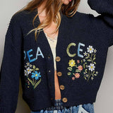 Multicolor Floral Embroidery PEACE Letter Knit Cardigan