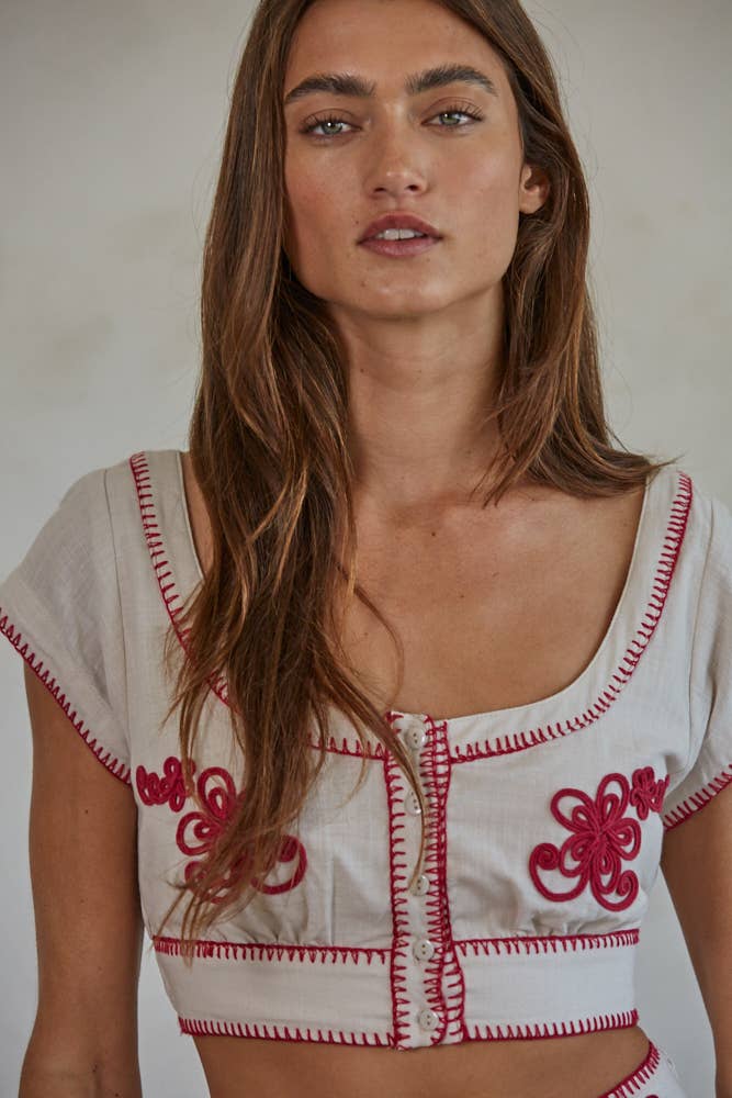 Woven Cotton Embroidered Cropped Blouse