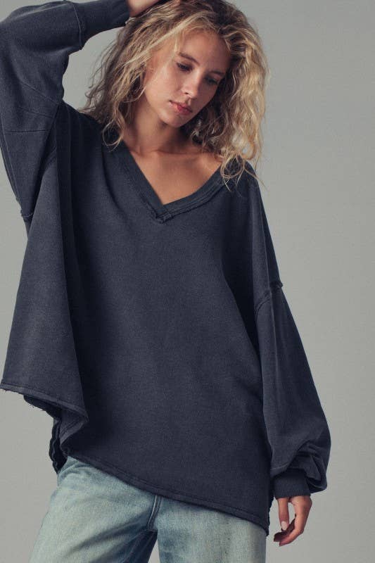 Raw Edge V-Neck Oversized Sweatshirt