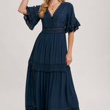 V-Neck Lace Trim Maxi Dress