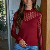 Ribbed Sheer Lace Mock Neck Long Sleeve