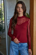 Ribbed Sheer Lace Mock Neck Long Sleeve