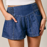 MID WAIST SMOCKING DETAIL FLARE SHORTS