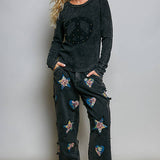 Vintage Washing Solid Peace Stud Outseam Thermal Knit Top