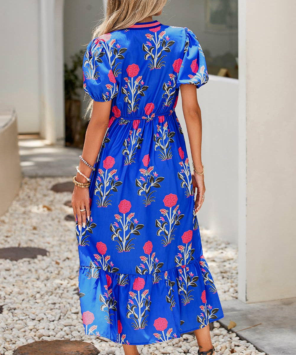 Floral Puff Sleeve V Neck Maxi Dress