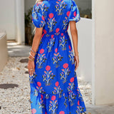 Floral Puff Sleeve V Neck Maxi Dress