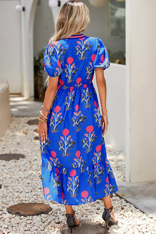 Floral Puff Sleeve V Neck Maxi Dress