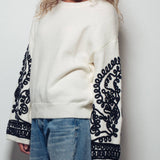 Embroidered Sleeve Ivory Knit Sweater