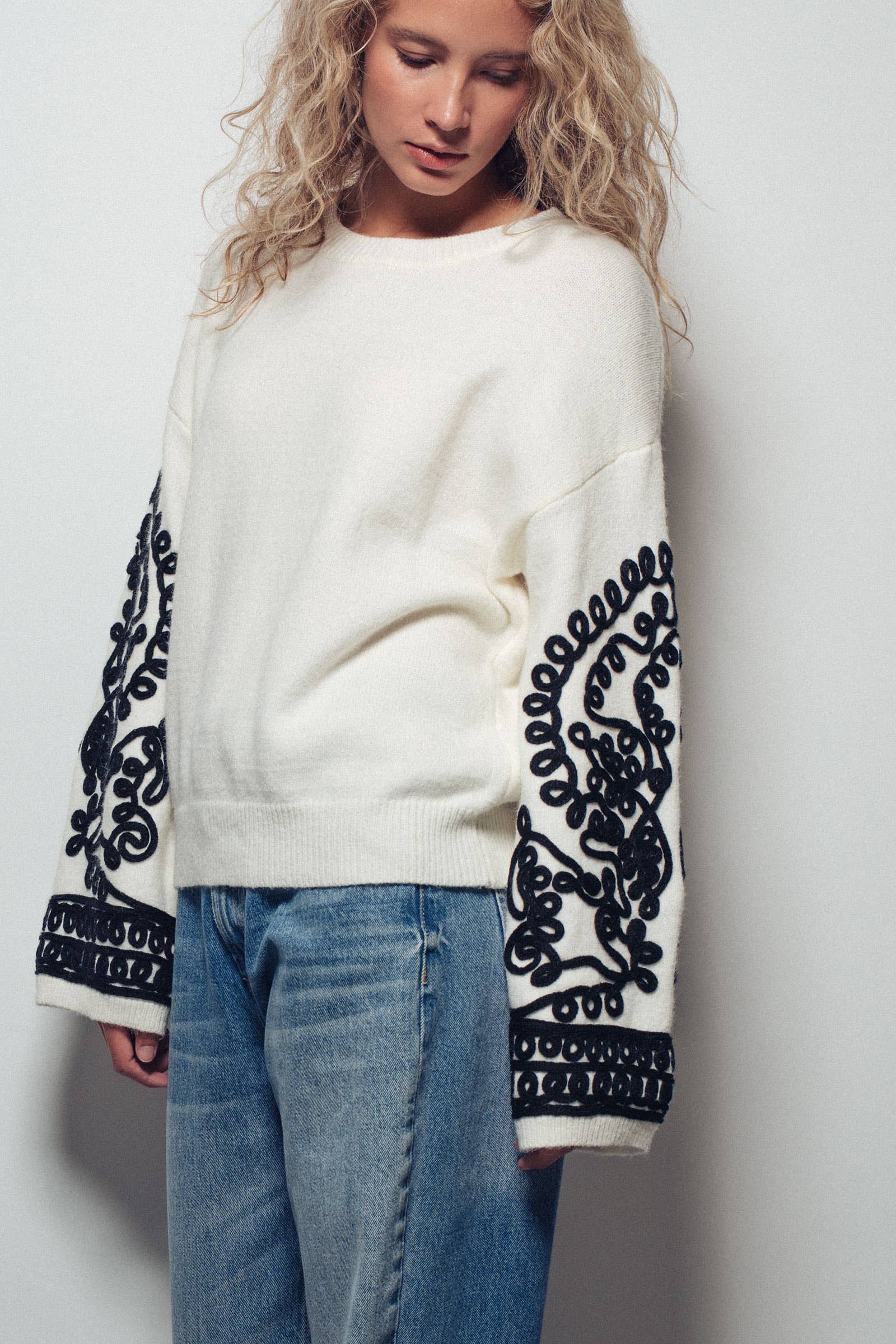 Embroidered Sleeve Ivory Knit Sweater