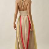 Colorblock Cotton Gauze Open-Back Halter Pocket Maxi Dress
