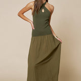 Crisscross Halter Contrast Knit & Woven Maxi Dress