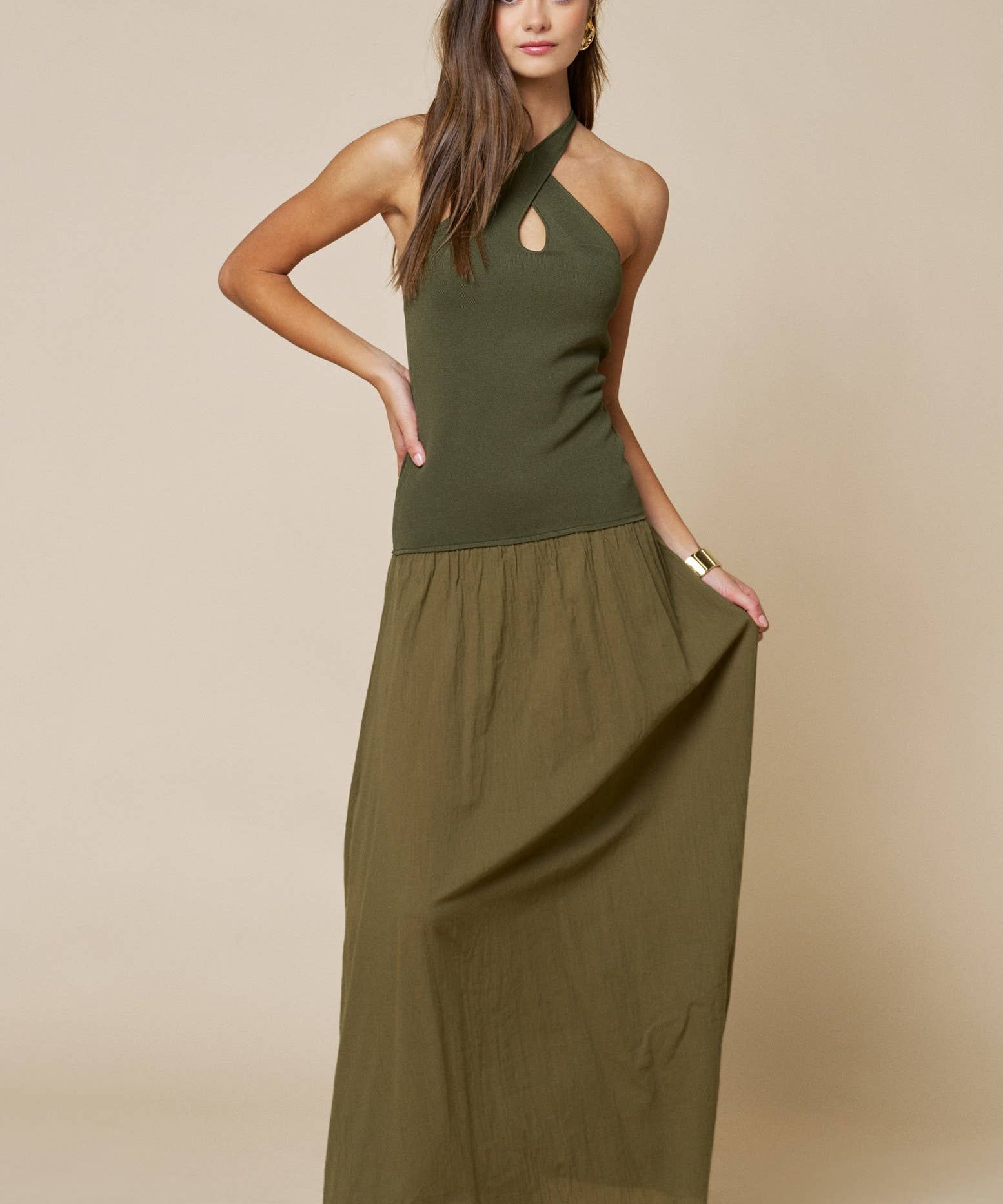 Crisscross Halter Contrast Knit & Woven Maxi Dress