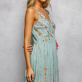 Boho Smocking Mirror Embroidery V-Neck Sleeveless Dress