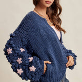 Hand Knit Floral Bobble Sleeve Cardigan LSW1097