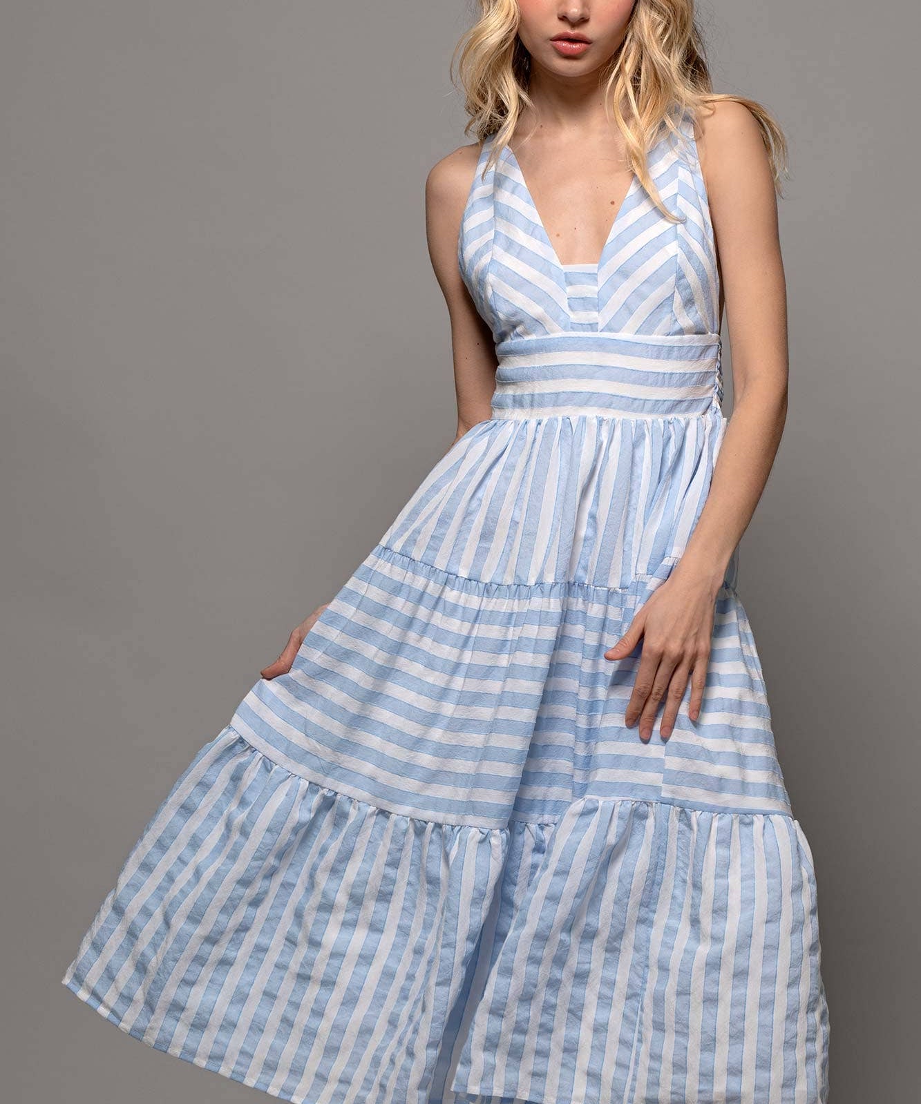 Textured Stripe Cross-Back Tiered Dress