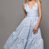 Textured Stripe Cross-Back Tiered Dress
