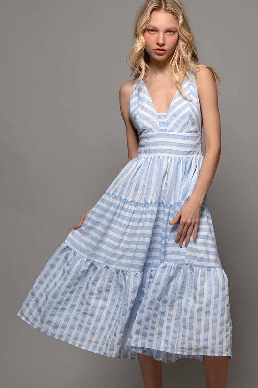 Textured Stripe Cross-Back Tiered Dress