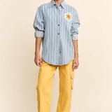 Plus - Striped Peace Maker Daisy Applique Button-Down Shirt