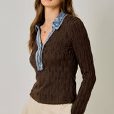 61698 Denim Mix Textured Knit Henley Top