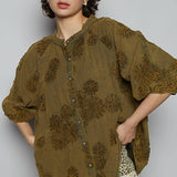 Floral Embroidered Short Sleeve Button Down Top