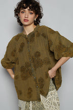 Floral Embroidered Short Sleeve Button Down Top