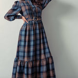 Plaid Belted Layered Button Down Balloon Sleeve Maxi Dress