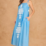 Floral Embroidered Sleeveless Tassel Tie Strap Midi Dress